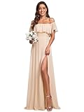 Ever-Pretty Women's Maxi Off The Shoulder Prom Bridesmaid Dress with Thigh High Slit Blush Pink 18UK