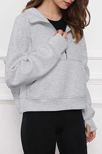 Efan Womens Cropped Sweatshirts Half Zip Pullover Fleece Quarter Zipper Hoodies Oversized 2023 Fall Clothes Trendy Outfits Winter Sweater Grey #TOP2
