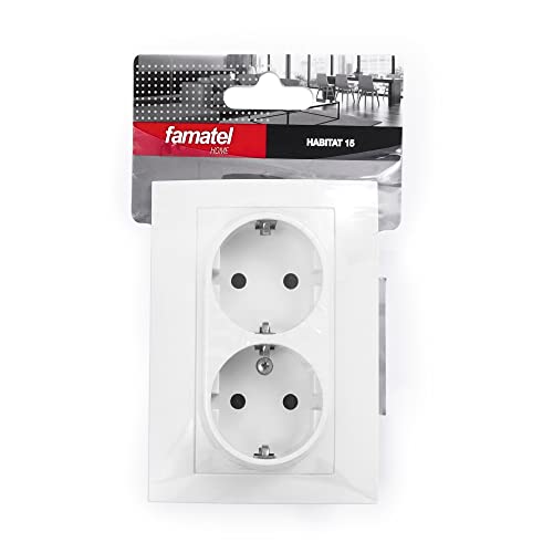 FAMATEL – Doble base | Enchufe de empotrar | Serie Habitat 15 | Fácil instalación | Alta estanqueidad del producto | Protección Infantil | TT | 16A | 250V | Blanco