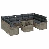 vidaXL Garten-Sofa-Set mit Kissen mit Kissen 10 pcs Grau Poly Rattan, Garten und Terrasse, modernes Outdoor-Möbelset, modulare Sofalandschaft, Loungemöbel, Sitzgruppe für den Garten