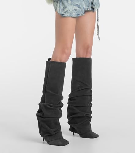 THESHY Womens Knee high Boots Suede Fold Over Square Toe Stiletto Heel Pull on Tall Boots Slouchy Fashion Dress Party Shoes for Women4