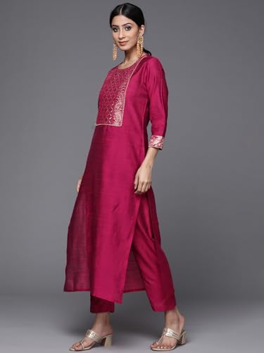 Image of Varanga Women Solid Silk Blend Kurta Trouser Set | Woven Yoke Design | 3 /4 Sleeve | Elastic Waist | Casual Wear