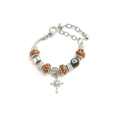 Beaded Y2K Bracelet with Leopard Charms – Chunky Chain Statement Jewelry with Cross Pendant, 8 Ball, Teddy Bear for Grunge Street Style