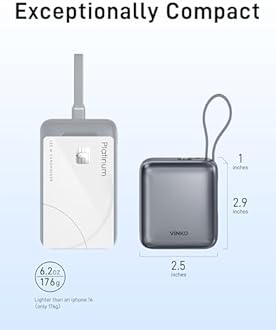 VINKO Small Portable Charger, 22.5W Fast Charging Mini Power Bank 10000mAh with Built-in Cables, Travel Essential USB-C Battery Pack Compatible with iPhone 17/16/15, Samsung S25/24, Android (Gray)