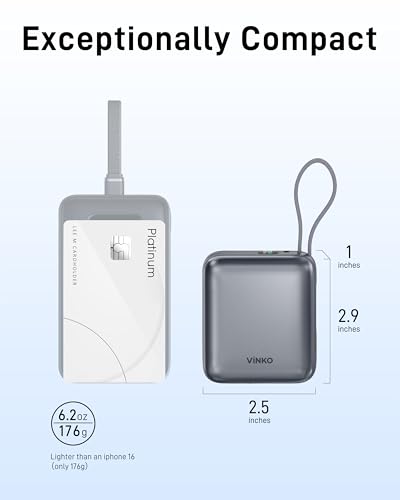 VINKO Small Portable Charger, 22.5W Fast Charging Mini Power Bank 10000mAh with Built-in Cables, Travel Essential USB-C Battery Pack Compatible with iPhone 17/16/15, Samsung S25/24, Android (Gray)