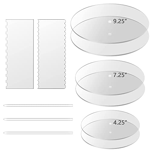 Boyun Acrylic Cake Discs, Clear, 4.25/7.25/9.25 Inch, 2 Each, 2 Icing Scrapers, 3 Center Dowels, Modern Style, Perfect for Birthday & Christening Cakes