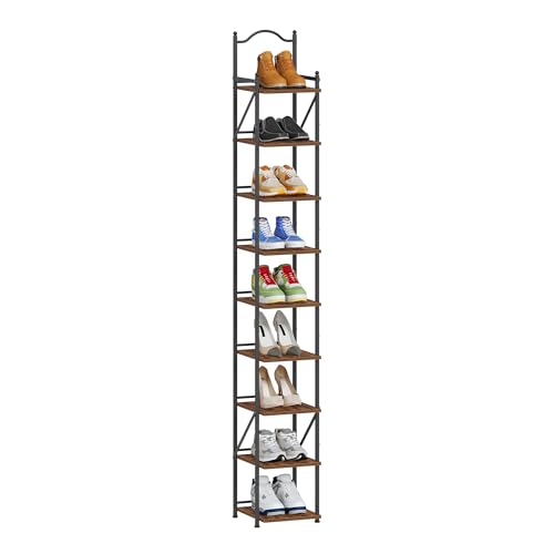 Hzuaneri Vertical Shoe Rack 9 Tier Narrow Shoe Rack for Small Space Adjustable Angle Freestanding Shoes ShelfWooden Shoes Organizer Behind Doors for Hallway Living Room Rustic Brown SR28901B