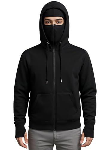 Image of ADRO Men Balaclava Hoodies | 320 GSM Soft Cotton Zipper Hoodie | Thumb-Hole Cuff Gloves | Travel Jacket with Hood | Winter Sweatshirt