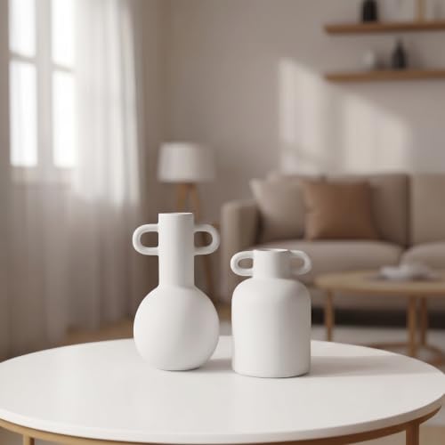 Image of PUREZENTO White Ceramic 'Nordic Bottle' Vase - Set of 2 | Matte Ceramic Flower Vases for Pampas Grass & Dried Flowers | Modern Decorative Vases for Home, Living Room, Bedroom, Office & Table Decor