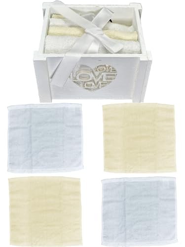 Panier en bois Shabby Chic avec 4 serviettes en coton, 30 x 30 cm, idée cadeau (blanc Love HEART)
