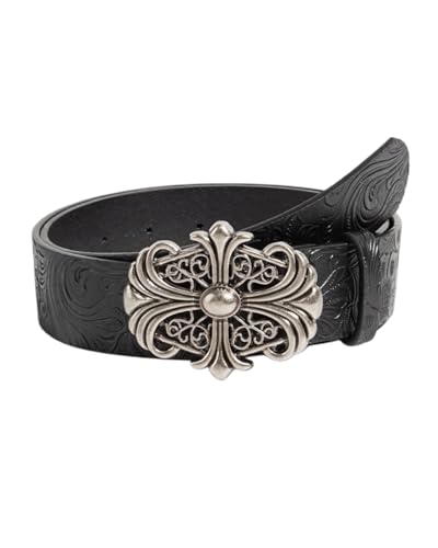 ZGMYC Vintage Western Embossed Leather Belt with Cross Buckle Gothic Punk Cowboy Waist Belts for Men Women