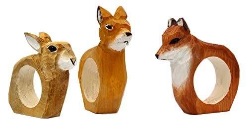 your castle Napkin Rings, Hand Carved, Animal Design, Deer, Fox, Rabbit, Set of 3, Made of Wood, Hand-Painted, Versatile