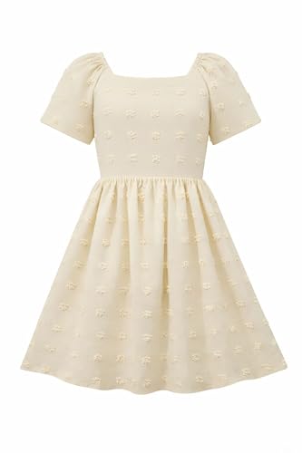 Image of HILEELANG Girls Summer Dress Bow Tie Back A-Line Party Dress for Little Big Girls Short Sleeve Dress with Lining 6-12 Years