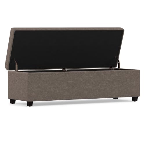 Image of SIMPLIHOME Avalon 54 inch Wide Linen Look Fabric Storage Ottoman in Fawn Brown