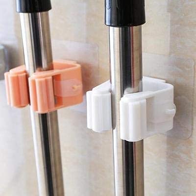 near stop 2 pcs mop broom holder, self adhesive mop organizer wall mount broom clips holder for kitchen bathroom closet garden garage (black)