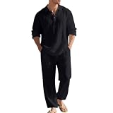 Oanviso Hombre 2 Piezas de Algodón y Lino Mangas Larga Camisa Moda Camiseta + Pantalones de Playa Deportivos Pantalón Completo Casual Traje Conjuntos Primavera Verano A Negro 3XL