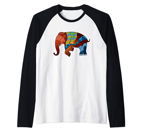 Colorful Indian Elephant Raglan Baseball Tee, Black