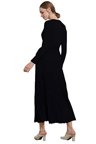 Image of Women's Long Knit Crewneck Sweater Dress Tie Waist A-Line Swing Pleated Bodycon