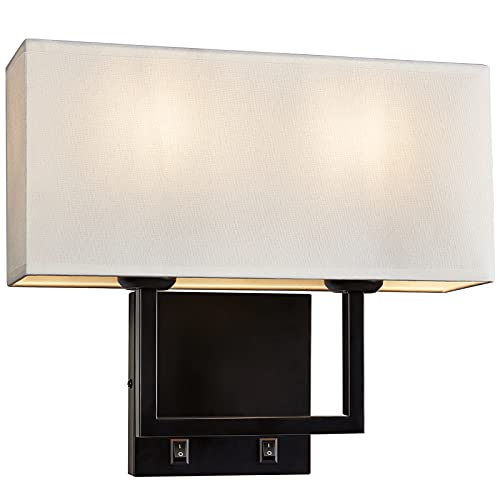 Image of Modern Transitional 2-Lights Hardwired Double Wall Sconce with Switch and Square White Fabric Shade,Nightstand Reading Wall Mount Light for Bedroom