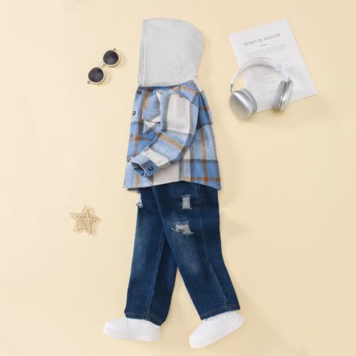 Toddler Boy Clothes Baby Boys Fall Winter Outfits Plaid Hooded Sweatshirt Ripped Holes Jeans Set 2-5T4