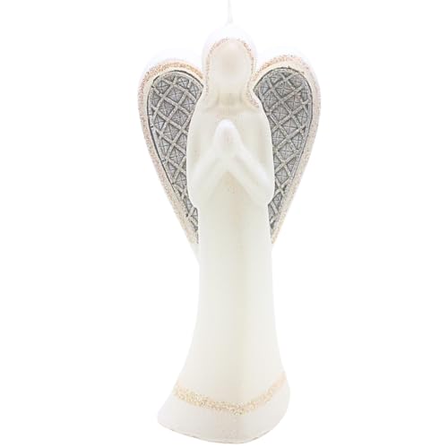 Dekohelden24 Candela di alta qualità fatta a mano come angelo in preghiera, candela d'angelo con glitter, scultura d'angelo in cera di colore bianco, dimensioni (lunghezza x larghezza x altezza