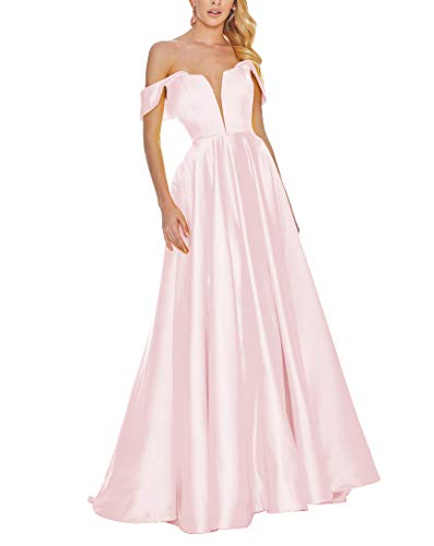 Ball Gown for Women Satin Dress Pink Prom Dresses Long Off Shoulder V-Neck A-Line : Clothing, Shoes & Jewelry