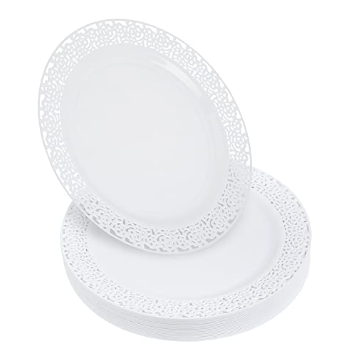 STACKABLES ~ Pack of 20 Hard Plastic Plates ~ White Round Lace Rim Plate ~ Multi-Purpose Reusable Party Plate Set (10 Plates)