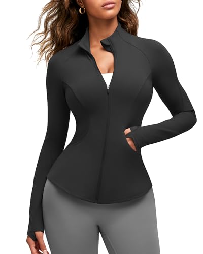 G4Free Athletic Jacket Women with Pockets Full Zip Up Yoga Sweatshirt Hip Length Running Long Sleeve Tops with Thumb Holes (Black,XS)