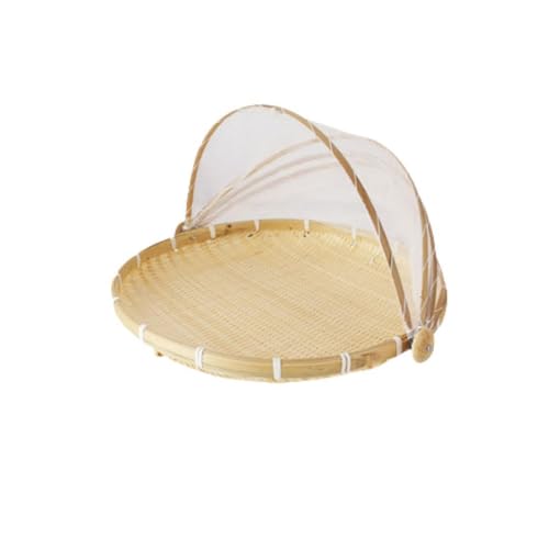 竹ざる 竹ザル 青竹もり皿 水切りザル 干物 盆ざる ネット 籐ざるト付き竹干しざる 野菜干しネット 可動式フタ 通気 防塵 防虫 乾かす 乾燥 陰干し 収納 保存 美観 実用 多機能 梅干し 魚介類 野菜 果物 干物 台所用品 (丸い,中サイズ)