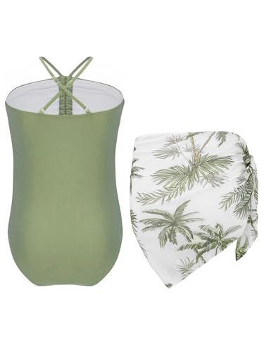 Girls 2 Pcs Bathing Suits Halter Ruched Bra One Piece Swimsuits with Wrap Skirts2