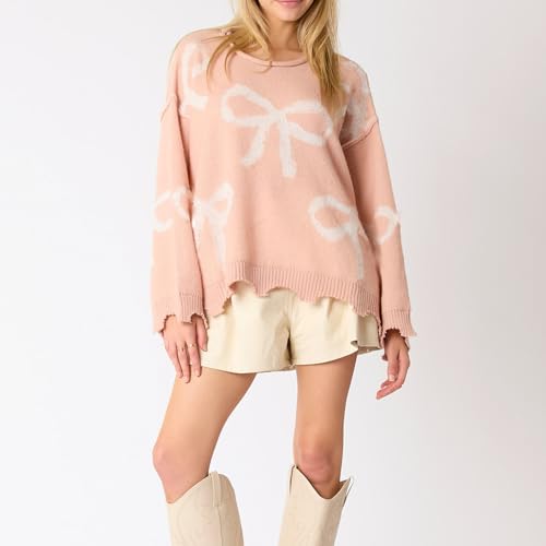 Image of Women Cute Bow Knit Sweater Y2k Long Sleeve Crew Neck Knitted Pullover Top Oversized Going Out Fall Winter Knitwear