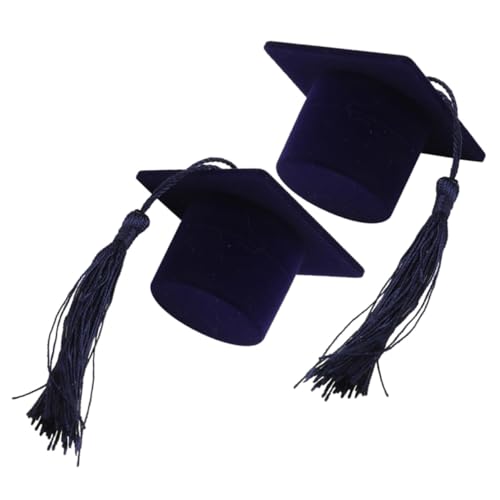 TEHAUX Scatola Portagioie per Anelli a Forma di Cappello da Dottorato Set da 2 Scatole Floccate Blu Scuro Custodia Compatta per Laurea e Festa Protezione Morbida per Gioielli e Fedi