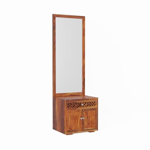Image of WOODLAB Furniture Solid Sheesham Wood Dressing Table Mirror with Drawer and Cabinet Storage for Bedroom Home | Wooden Dressers for Living Room Hall - Honey Finish