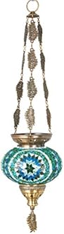 DEMMEX Turkish Moroccan Colorful Mosaic Bohemian Boho Hanging Candle Holder Lantern with Handmade Colorful Glass Globe and Metal Leaf Chains, 60 cm (Turquoise)