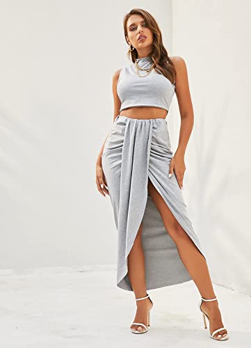 Image of ZAFUL Women's Casual Sleeveless Summer Two Piece Outfits Crop Top and Side Split Draped Ruched Maxi Skirt Set Solid Suiting