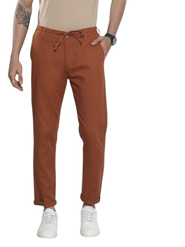 Image of The Indian Garage Co Men Slim Fit Solid Mid-Rise Elasticated Linen Trousers