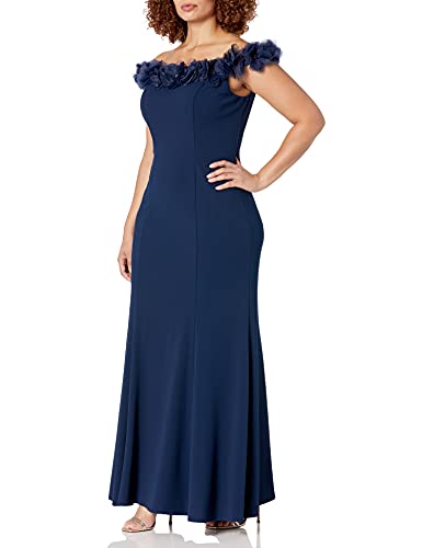 Image of Alex Evenings Women's Long Off The Shoulder Gown with Front Slit and Maribou Detail, Formal Party Dress