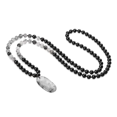 COAI Collier Mala 108 Perles, Chapelet Bouddhiste, Collier Onyx Noir, Pendentif Quartz Rutile Noir