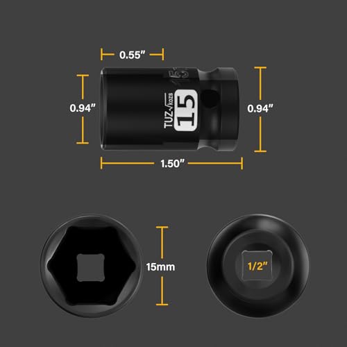 Image of 1 /2 Inch Drive 15mm Shallow Metric Impact Socket,CR-MO,6 Point Radius Corner Design,Square Chamfered Opening,Axle Nut Impact Grade Socket for Easy Removal