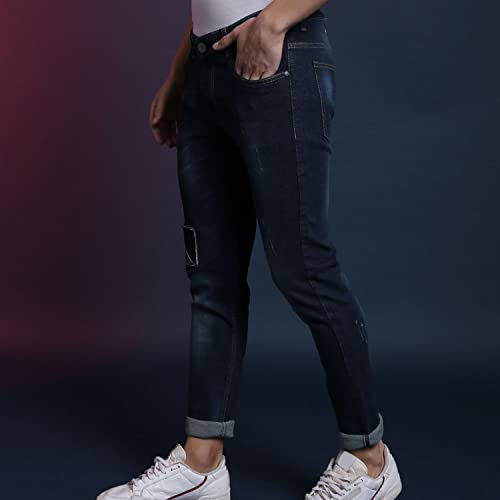 Image of CAHOOT Men's Navy Blue Tapered Dark- Wash Denim Jeans | Stretchable Cotton Mid-Rise Denim Jeans Crafted with Comfort Fit and High Performance for Everyday Wear