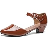 Enelauge Women's Ankle Buckle Strap Low Block Chunky Heels Closed Toe D'Orsay Pumps Dress Work Church Evening Shoes Brown Pu 38-7US