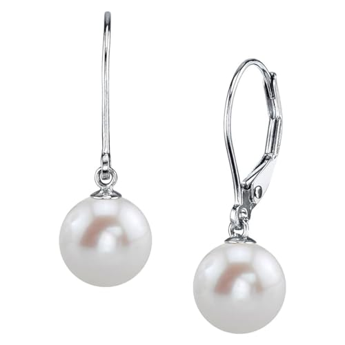 THE PEARL SOURCE AAAA Quality White Round Freshwater Cultured Pearl Hypoallergenic Earrings for Women | 14K Gold Leverbacks Earrings