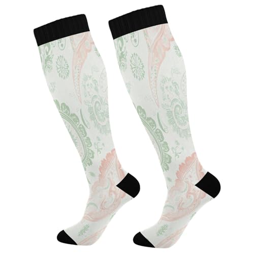 Burbuja Pink Mint Paisley Compression Socks for Women Men (20-30mmHg), Knee High Socks Circulation Support for Sport Running Hiking Nurse, 1 Pair