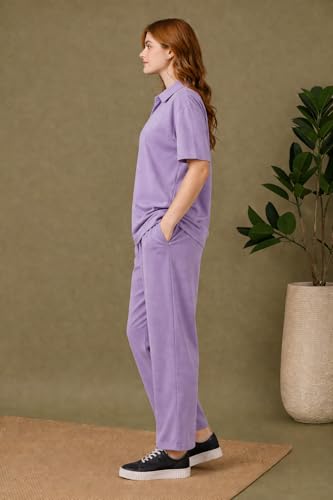 Image of Kvetoo Women Solid Tracksuit Set Cotton Lounge Wear Set Half Sleeve Polo T-Shirt & Straight Pant Casual Travel Outfit