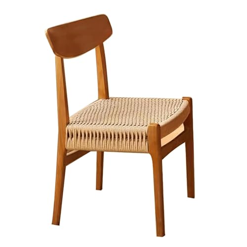 Silla de comedor retro tejida de cuerda con patas de madera maciza, transpirable, respaldo medio, sin brazos, silla de cocina