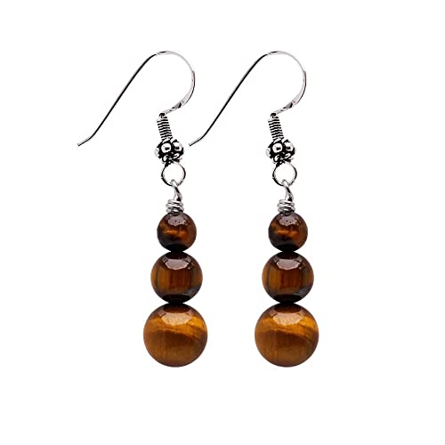 TreasureBay Handmade Women's Natural Gemstone Triple Beads and Sterling Silver Dangle Drop Earrings | Gift Ideas for Women, Girls (Brown Tiger's Eye)
