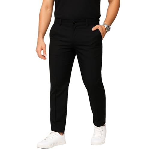 Image of Men's Chinos Stretchable Trousers with Expandable Waist - Lycra Cotton Blend Formal Casual Pants | Skin Friendly Solid Regular Fit