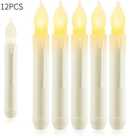 SHANJE LED 12PCS Flameless Taper Candles,Battery Operated Fake Tapere Candles,Flickering Window Candle Lights Amber Yellow,0.79 x 6.5 In Dripless Unscented,for Thanksgiving Christmas Halloween Day