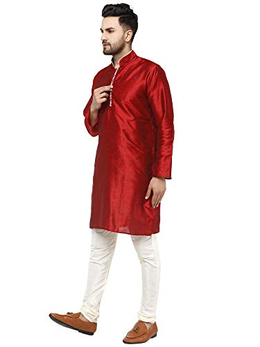 Image of SKAVIJ Men's Art Silk Self Design Kurta Pajama Mandarin Collar 2-Piece Ethnic Festive Dress