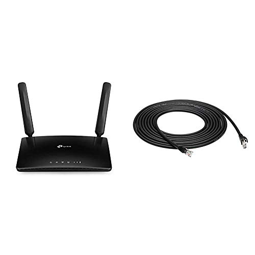 TP-Link TL-MR6400 Router 4G LTE fino a 150 Mbps/Wireless N fino a 300Mbps, Porta LAN/WAN & Amazon Basics Cavo Ethernet Cat6, con protezione sulla clip di sgancio, confezione da 5, Nero, 15 ft/4.6 m